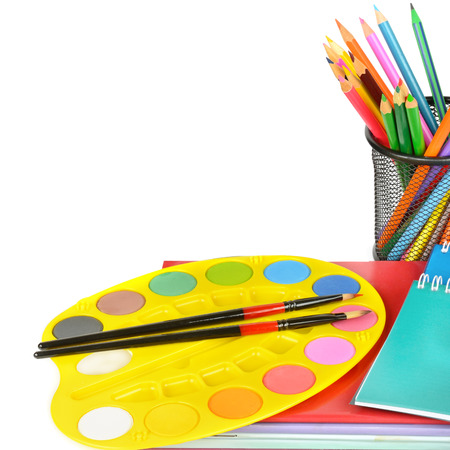 Education workspace background concepts. Pencil, stationery, books and other school supplies isolated on white background. Free space for text.の写真素材