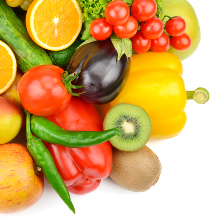 Fruits and vegetables isolated on white background. Flat lay, top view.の写真素材