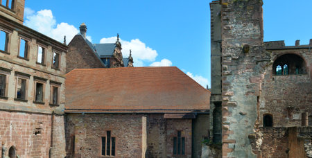 Ruins of a medieval castle. Heidelberg in Germany. Wide photo.のeditorial素材