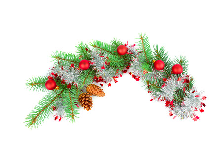 Christmas decoration baubles with branches of fir tree on white background.の写真素材