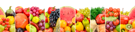 Collection fresh fruits and vegetables isolated on white background. Panoramic collage. Wide photo with free space for text.の写真素材