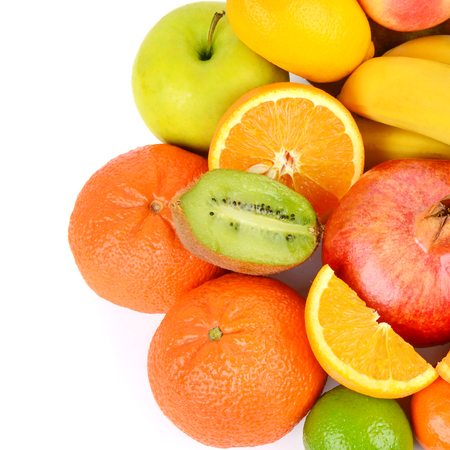 Set of fruits isolated on white background. Healthy food. Flat lay, top view.の写真素材