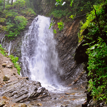 Waterfall in the Carpathians, the nature of the Ukrainian part of the Carpathian Mountainsの写真素材