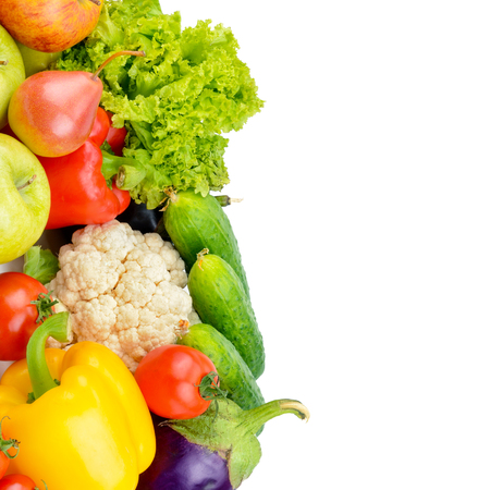 Fruits and vegetables isolated on a white background. Healthy food. Free space for text.の写真素材