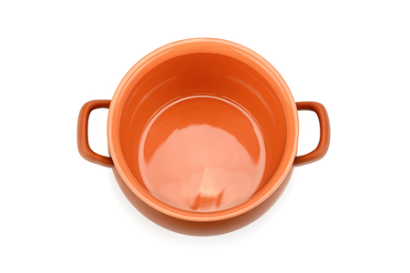 Clay pot isolated on white background. Flat lay, top view.の写真素材