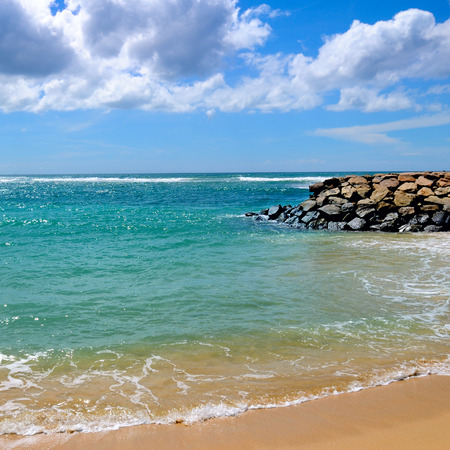 Deserted sandy beach of the Indian Ocean. In the blue sky, picturesque cumulus clouds.の写真素材