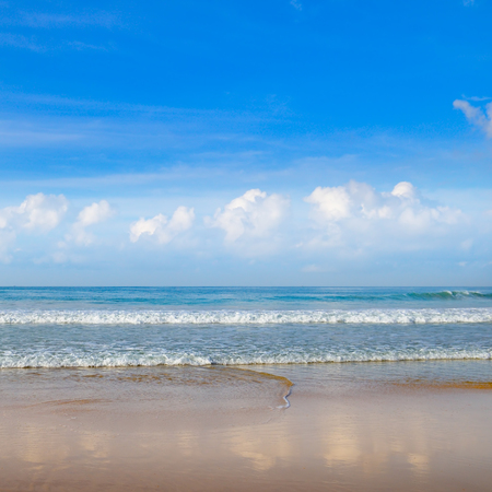 Deserted sandy beach of the Indian Ocean. In the blue sky, picturesque cumulus clouds.の写真素材
