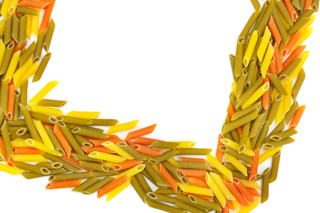Colored dry macaroni isolated on whiteの写真素材