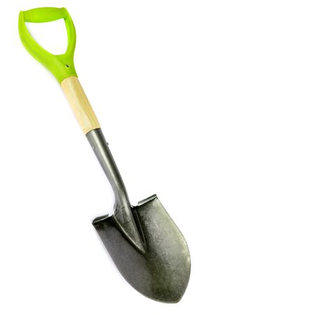 Small camp shovel with handle isolated on whiteの写真素材