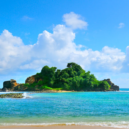 Azure waters of the tropical ocean, peninsula, palm trees and the beach.