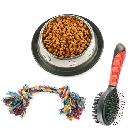 Pet accessories concept. Dry food and toys for pet on isolated white background.の写真素材