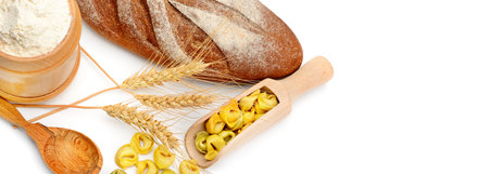 Flour products - bread and ravioli isolated on a white background. Wide photo