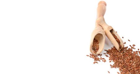 Flax seeds isolated on white background. Wide photo. Free space for text.の写真素材