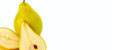 Half and whole ripe yellow pear isolated on a white background. Wide photo. Free space for text.の写真素材