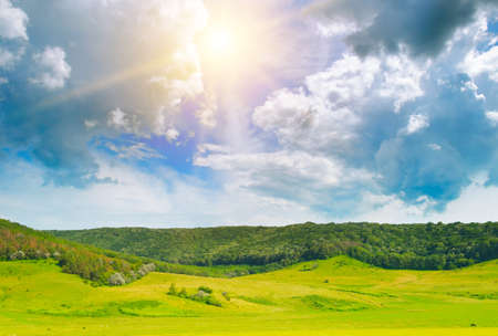 beautiful landscape of hilly fields with green grass and sunの写真素材