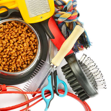 Pet accessories concept. Dry food, collars and rubber toys for pet on isolated white background.の写真素材