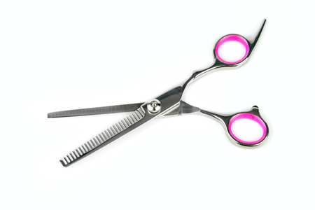 Professional scissor in pet grooming salon for animal care. Isolated on white background.