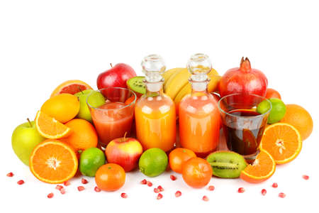 Citrus vitamin juice, healthy drink with fresh fruits, lime, grapefruit, orange, tangerine. Isolated on a white background. Refreshing homemade lemonade. Breakfast beverage