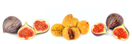Fresh and dried figs isolated on white background. collage. Wide photo.の写真素材