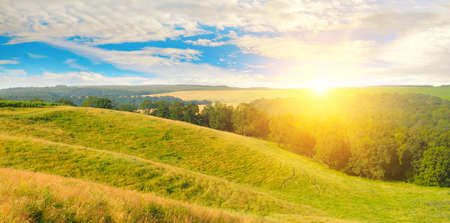 Vast grassy meadow with distant hills, trees and sun on cloudy sky.Wide photo.の写真素材