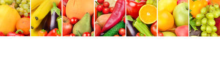 Different useful fruits and vegetables isolated on white background. Glass skinali. Free space for text. Wide photo.の写真素材