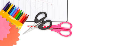Set of school and office supplies isolated on white background. Concept: back to school. Free space...
