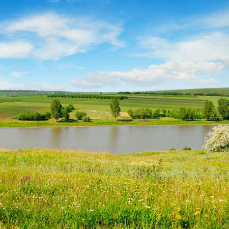 Picturesque summer landscape. Meadow, lake, agricultural fields and blue sky.の写真素材