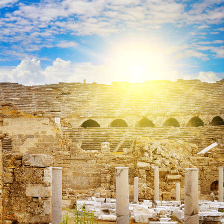 Ruins of an antique amphitheater, Side Turkey. Vacation and travel concept.の写真素材
