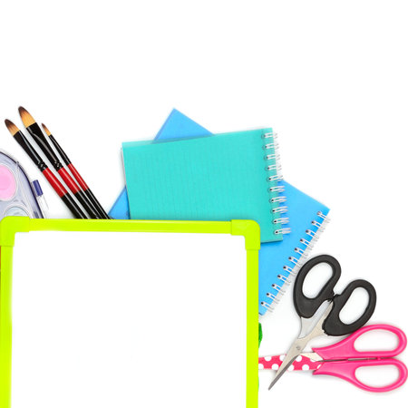 Set of school and office supplies isolated on white background. Concept: back to school. Place for...