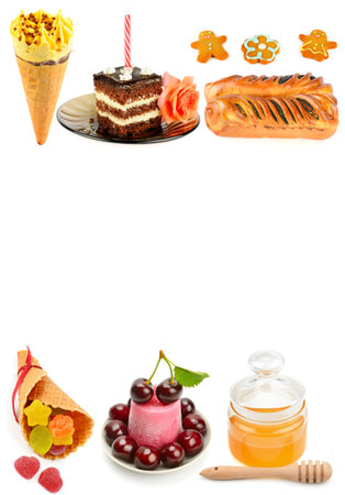 Set of sweets and desserts isolated on white background. Collage. Vertical photo. Place for your text.の写真素材
