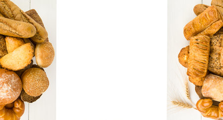 Bread, baguettes and sweet pastries on a white background. Free space for text. Wide photo. Collage.