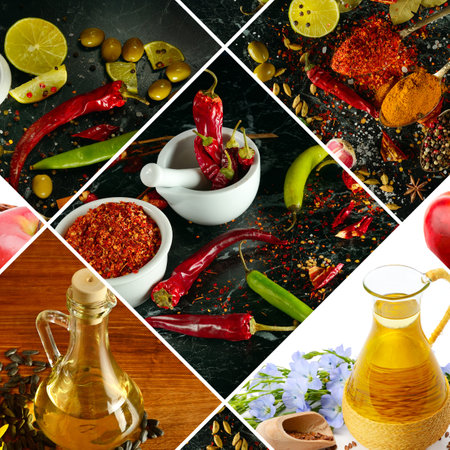 A set of spices and vegetable oils in a beautiful collage.の写真素材