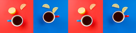 Tea cups in red and blue on a red and blue background. Valentines day concept. Wide photo. Collage.の写真素材