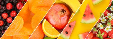 Collage of a set of fruits and berries. Wide photo.の写真素材