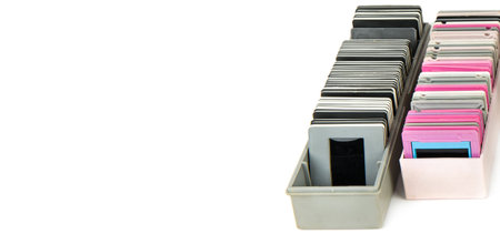 Photo slides in a box isolated on a white background. wide photo. There is space for text.の写真素材