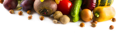 Set of vegetables and fruits isolated on a white background. wide photo. Free space for text.の写真素材