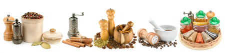 Set of spices and seasonings isolated on white background. Collage. wide photo.の写真素材
