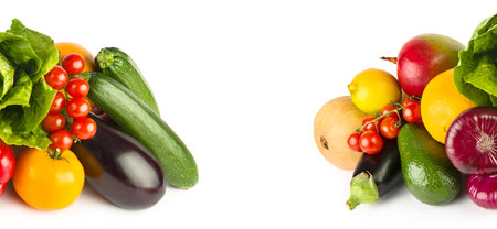 Set of vegetables and fruits isolated on white background. Collage. Free space for text. wide photo.の写真素材