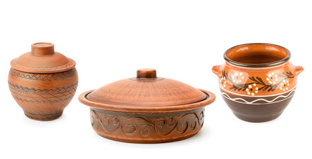 Set of clay pots isolated on white background. wide photo. Free space for text.の写真素材