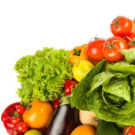 Fruits and vegetables isolated on white background. Free space for text.の写真素材