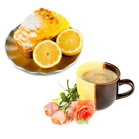 Cup with hot chocolate and and lemon cake isolated on white background. Collage.の写真素材