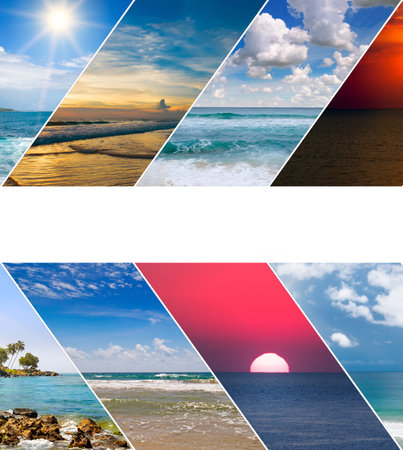 Photo collage with tropical seascapes. There is free space for text.の写真素材