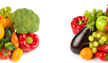 Set of vegetables and fruits isolated on a white background. Collage. Wide photo. Free space for text.の写真素材