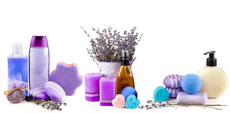 Shampoo,soap, aromatic candles and other shower and spa products isolated on a white background. Collage. Wide photo.の写真素材