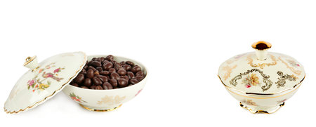 Vintage porcelain candy bowls isolated on white background. Collage. Wide photo. Free space for text.の写真素材