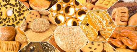 Bread and Wary sweet pastries background. Wide photo.の写真素材