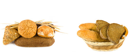Bread, baguette, buns and sweet pastries isolated on a white background. Collage. Wide photo. There is free space for text.の写真素材