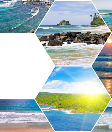 Picturesque tropical beach. Photo collage. There is free space for text.の写真素材
