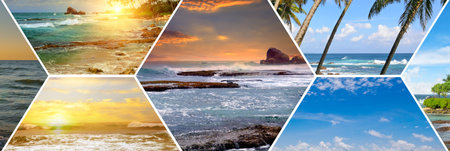 Tropical beaches of the Indian Ocean. Beautiful vacation collage made from mahy photos. Wide photo.