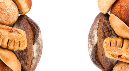 Organic wholemeal bread and sweet pastries isolated on white background. Collage. Free space for...